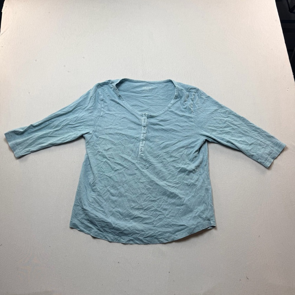 Orvis Henley Top Womens Medium Blue Excellent 3/4 Sleeve Knit Button Front